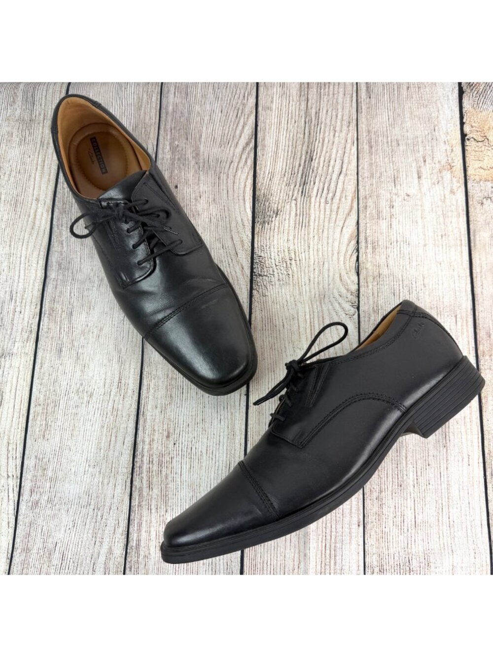 Collection by Clarks Tilden Cap Oxford Shoes Black Leather Soft Cushion Size 12